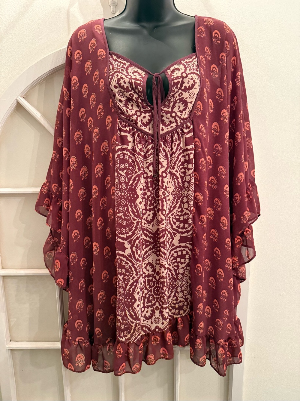 Free People Boho Cover Up Tunic Dress in Burgundy and Cream Coverup Beach S/XS